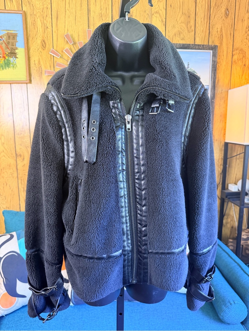 dh NEW YORK Teddy Sherpa Moto Jacket with Faux Leather Trim Details